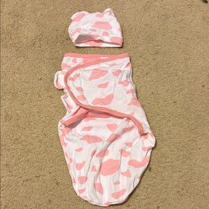 Pink and White Baby Swaddle with Hat